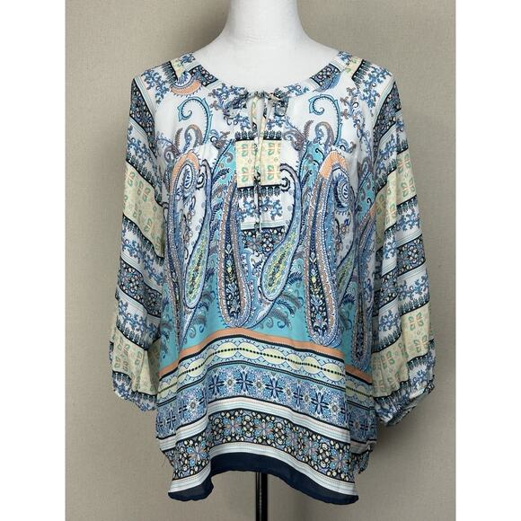 Valerie Stevens Tops - Valerie Stevens Women's colorful peasant bohemian Blouse M Lace Back Tie Front